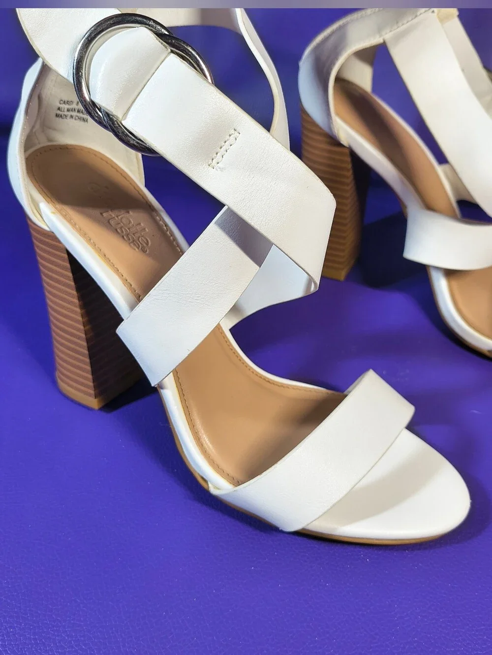 Charlotte Russe CARDI Retro Sandal Size 8 White Strappy Block Heel Buckle.